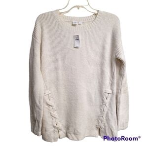 Gap Cream Ribbed Knit Lace Up Side Detail Crewneck Sweater Size Small Nwt